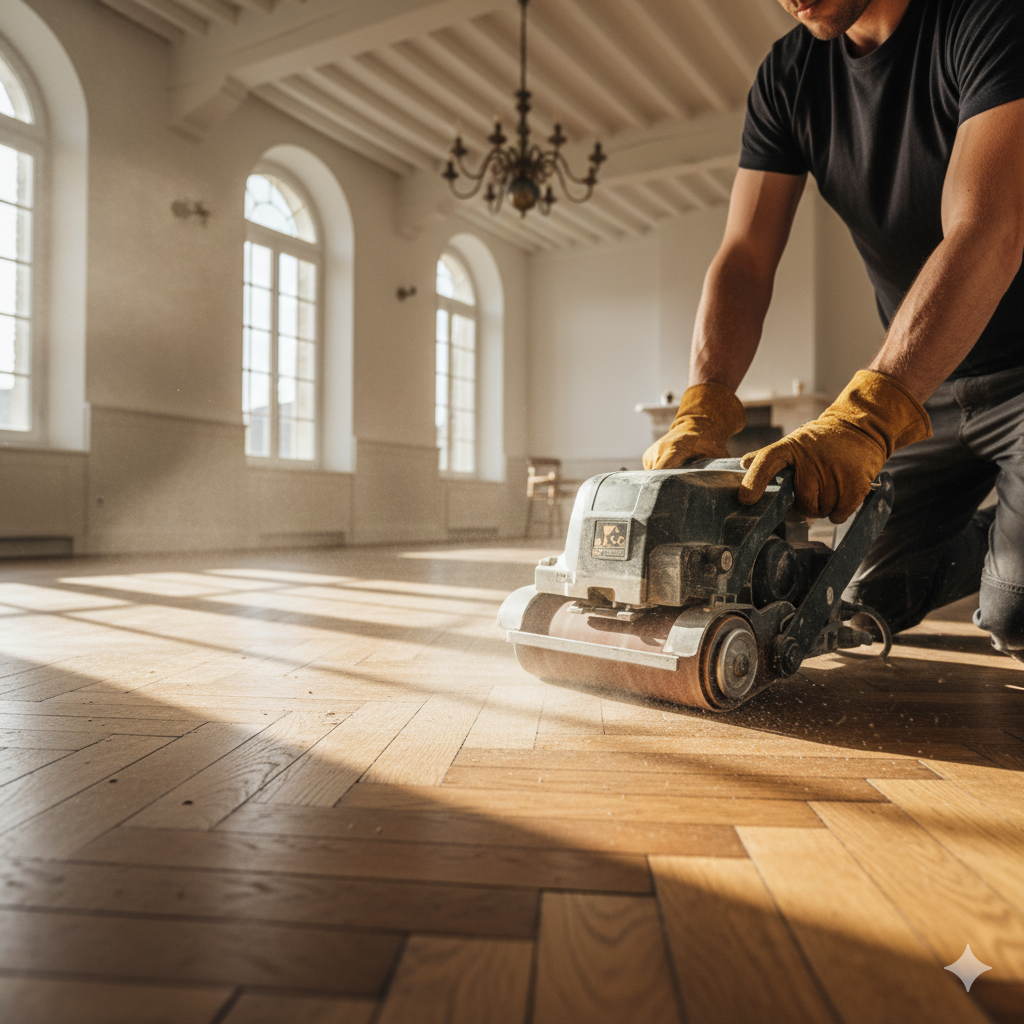 Ponçage parquet Lisieux : travail soigné, retrait des anciennes finitions et surface plus lumineuse. Intervention professionnelle dans les communes voisines.