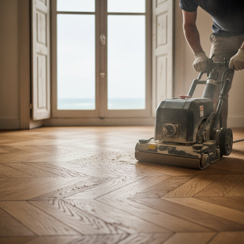 Ponçage de parquet à Ouistreham. Travail soigné, mise en valeur du bois, protection durable et intervention dans les communes voisines. Devis clair et sans engagement.