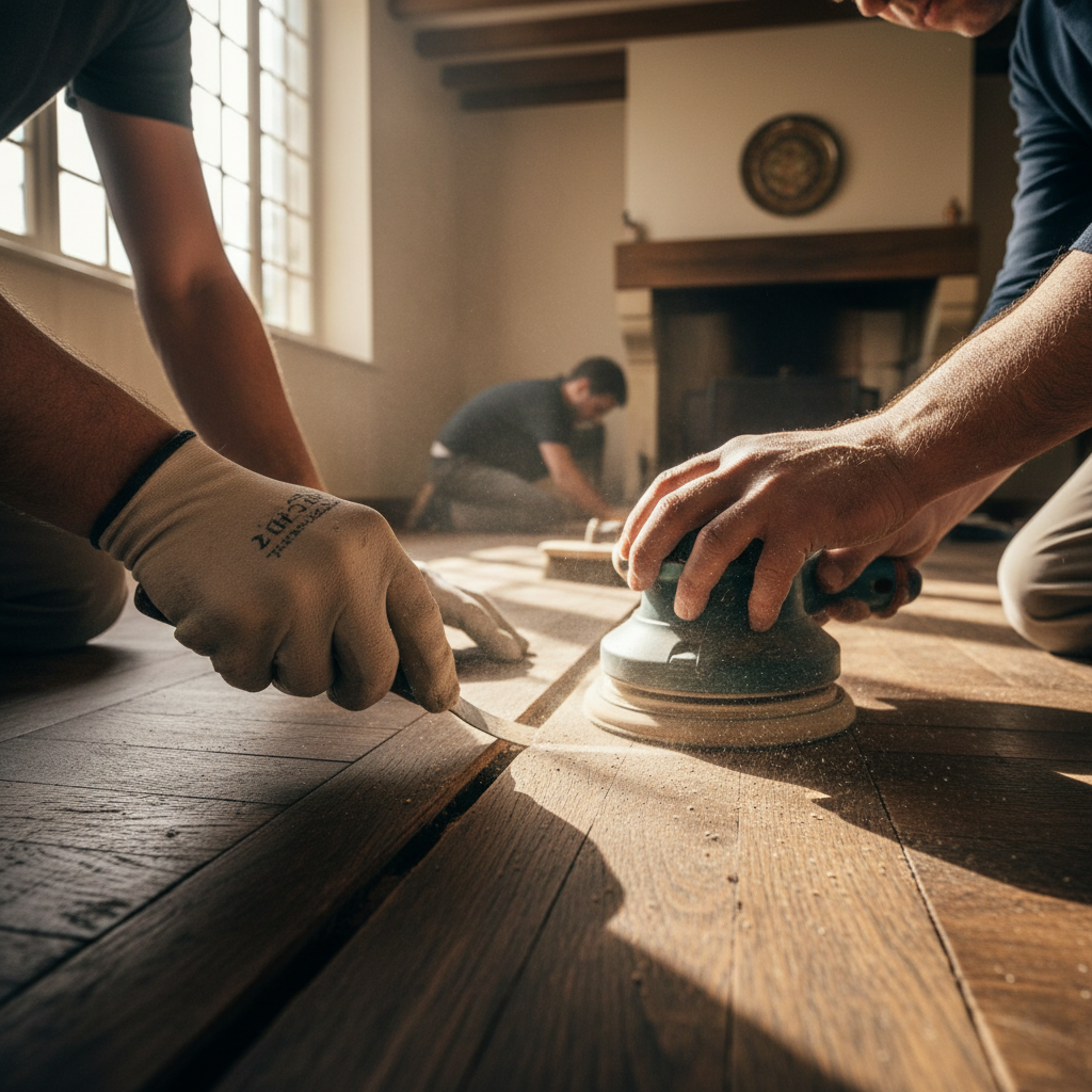 Rénovation de parquet ancien à Caen. Travail soigné, respect du bois, réparation, finition adaptée et intervention dans les communes voisines. Devis clair et sans engagement.