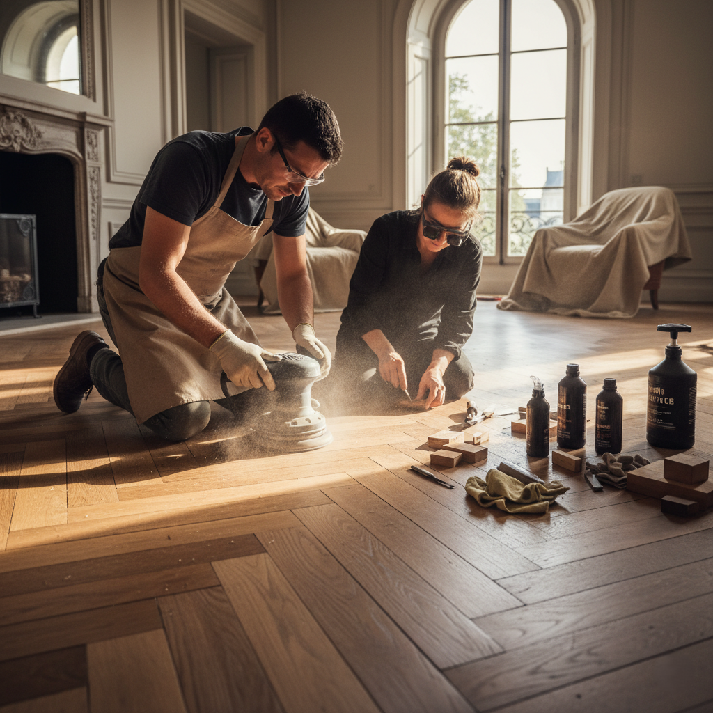 Rénovation parquet haut de gamme Deauville : travail soigné, finitions élégantes et mise en valeur du bois noble. Intervention professionnelle sur la côte fleurie.