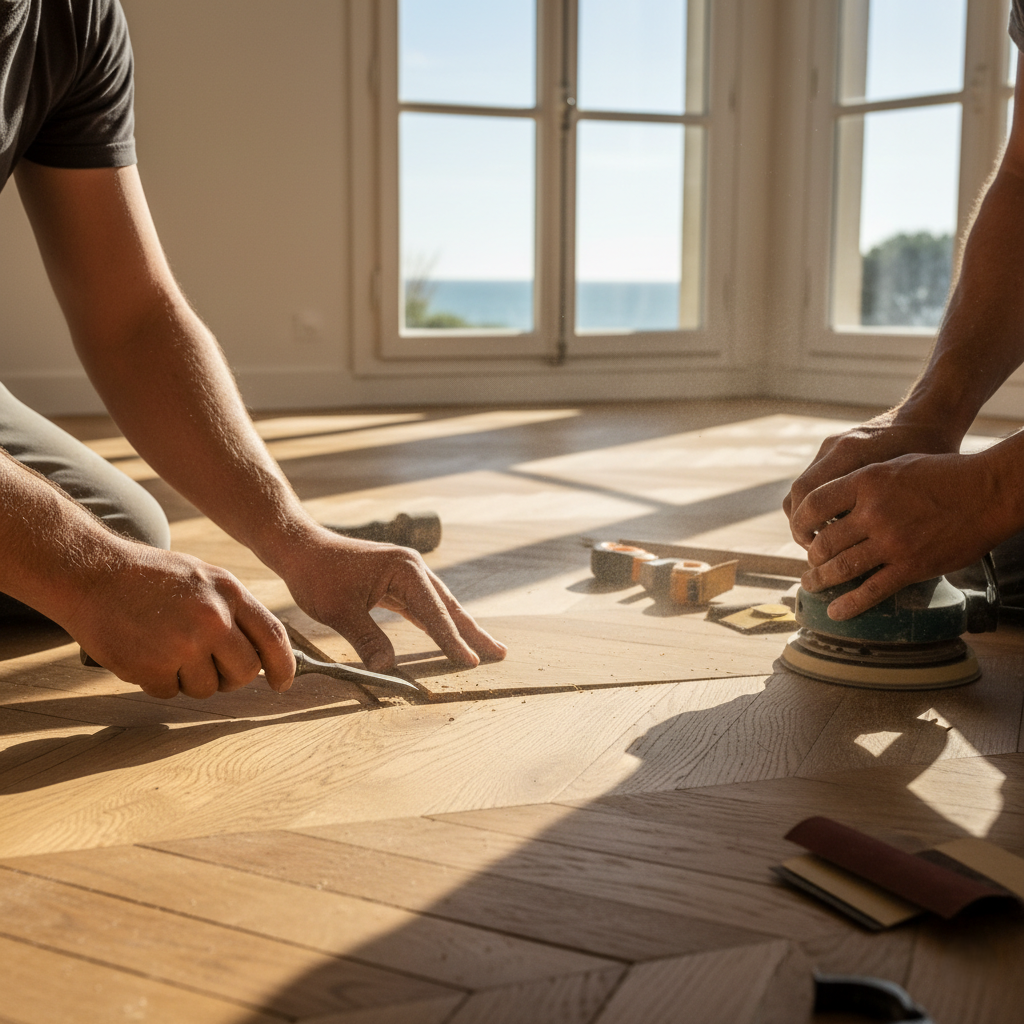 Réparation parquet Ouistreham : stabilisation, remise à niveau et corrections durables pour un sol sain. Intervention professionnelle sur les communes côtières.