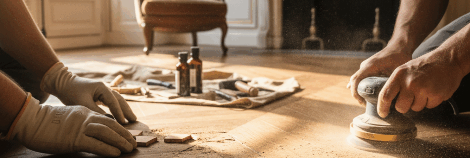 Restauration parquet ancien Deauville : travail soigné, techniques traditionnelles et finitions haut de gamme pour redonner vie aux sols nobles.