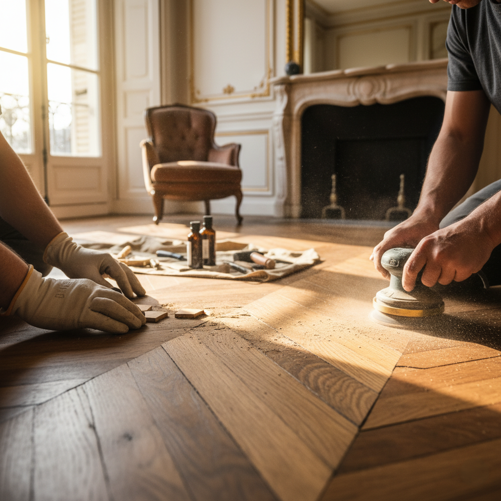 Restauration parquet ancien Deauville : travail soigné, techniques traditionnelles et finitions haut de gamme pour redonner vie aux sols nobles.