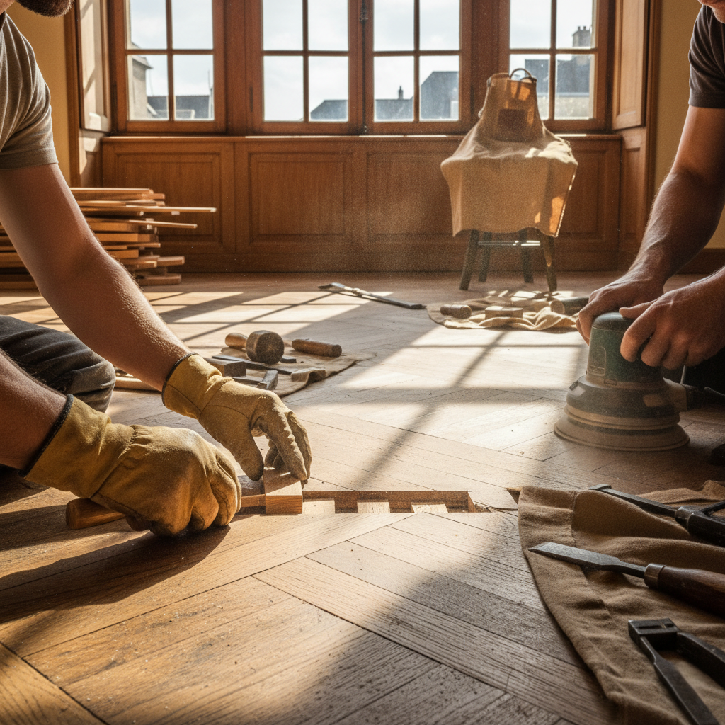 Restauration de parquet à Honfleur. Travail soigné, respect du bois ancien, réparations précises et finitions adaptées. Intervention dans les communes voisines.