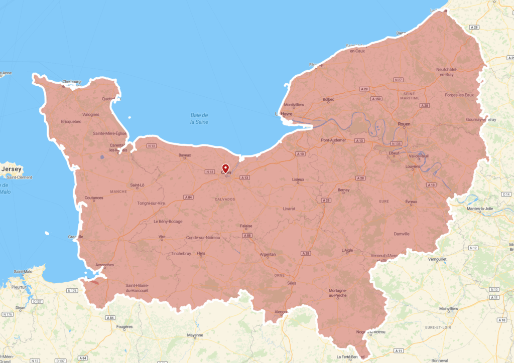 Carte de la zone d’intervention de Maxard Parquet autour de Caen et dans toute la Normandie, incluant le Calvados, la Manche, l’Orne, l’Eure et la Seine-Maritime.